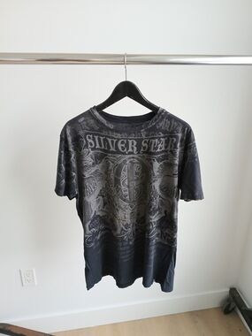 VTG Silver Star Casting Co T-Shirt XL Black MMA Grunge Fleur De Lis AOP Y2K